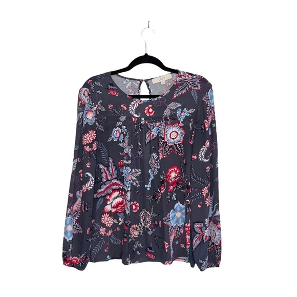 LOFT Gray & Multicolor Floral Paisley Print Ruffle Hem Blouse Medium Women’s - Picture 12 of 12
